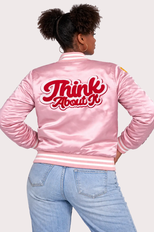 Womens Think About It Championship Varsity Jacket - Pink