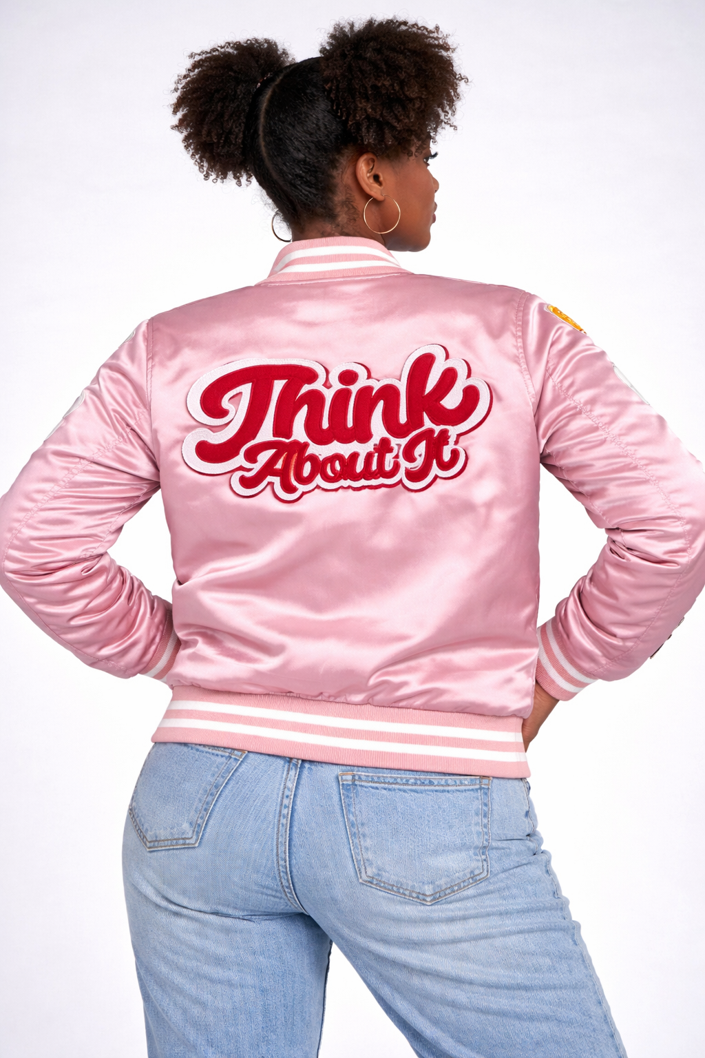 Womens Think About It Championship Varsity Jacket - Pink