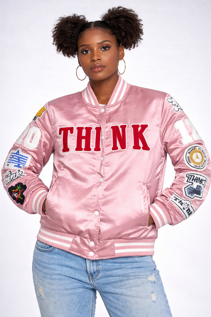 Womens Think About It Championship Varsity Jacket - Pink